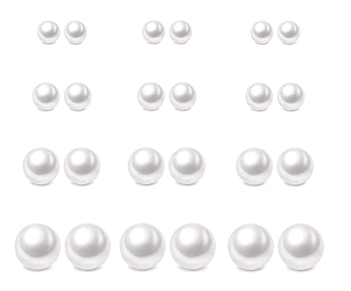 12 Pairs Pearl Stud Earrings, Hypoallergenic Surgical Steel Round Ball Beads Stud Earrings Set for Women Teen Girls（6mm 8mm 10mm 12mm）