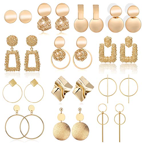 13 Pairs Statement Drop Dangle Nickel Earrings, Gold Stud Earrings for Women & Fashion Big Geometric Hanging Earring Set Jewelry Gifts