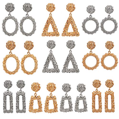 10 Pairs Mixed Wholesale Gold/Silver Raised Design Statement Earrings Punk Style Drop Earrings for Women Geometric-Shaped Chunky Metal Fashing Eardrops Lightweight Big Dangle Earrings Set (1#)