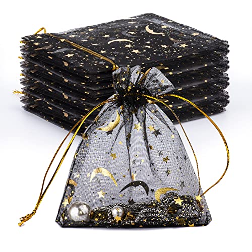 100 PCS 4.0x4.7 Inches Moon Star Printed Orchid Organza Bags Candy Gift Stars and Moon Black Bag,Makeup Organza Favor Net gift Bags,Drawstring goody bags for Party, Jewelry, Festival